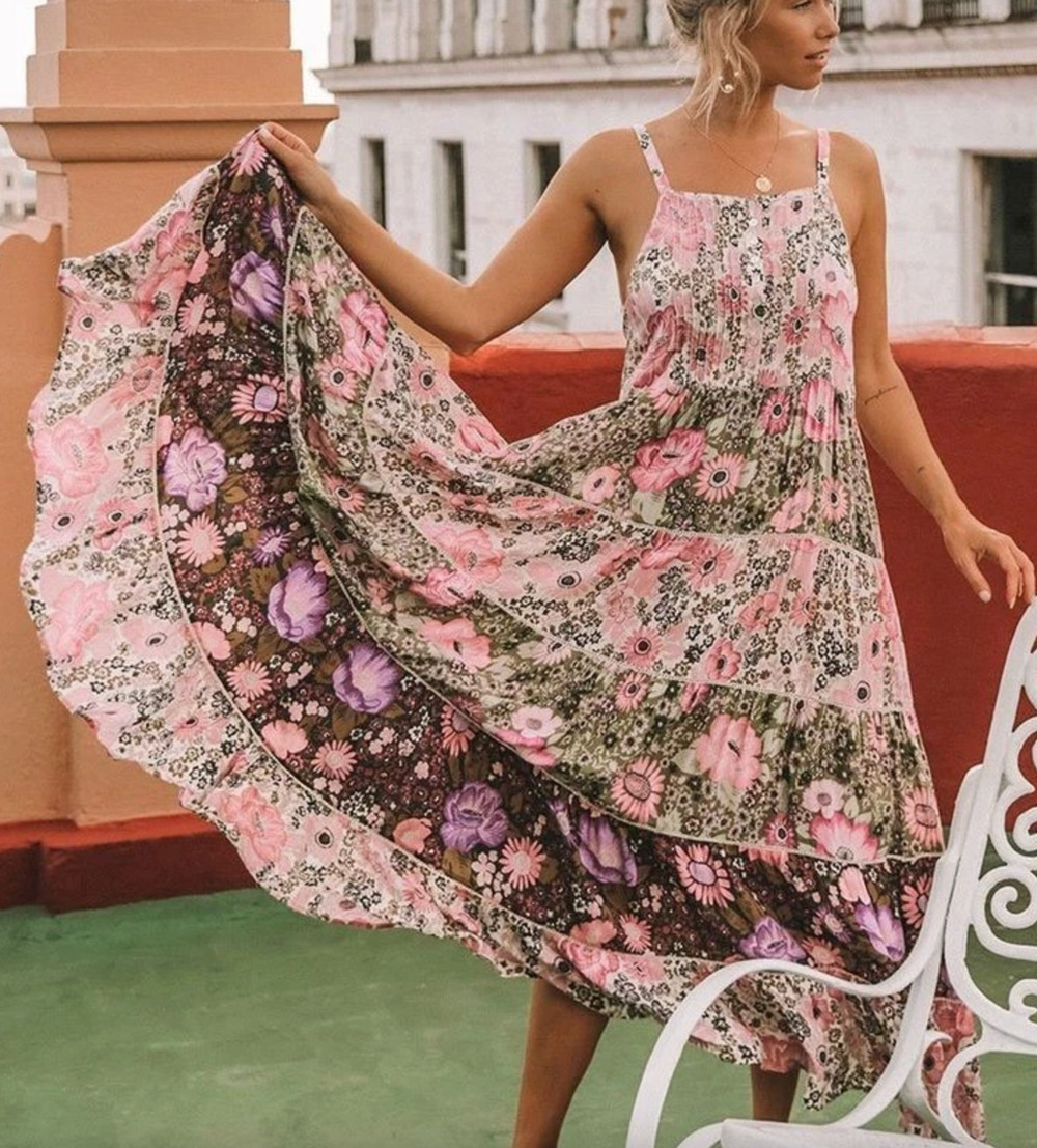 Spell Desert Daisy Strappy Maxi Dress XS Floral Print Tiered Patchwork Boho